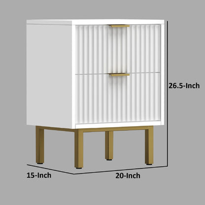Beth 27 Inch 2 Drawer Nightstand, Corrugated, Mahogany Wood, White, Gold - View 6