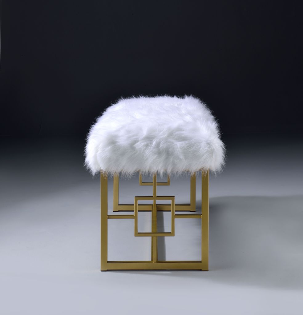 Modern Style Faux Fur Upholstered Bench with Geometrical Side Panels, White and Gold - View 3