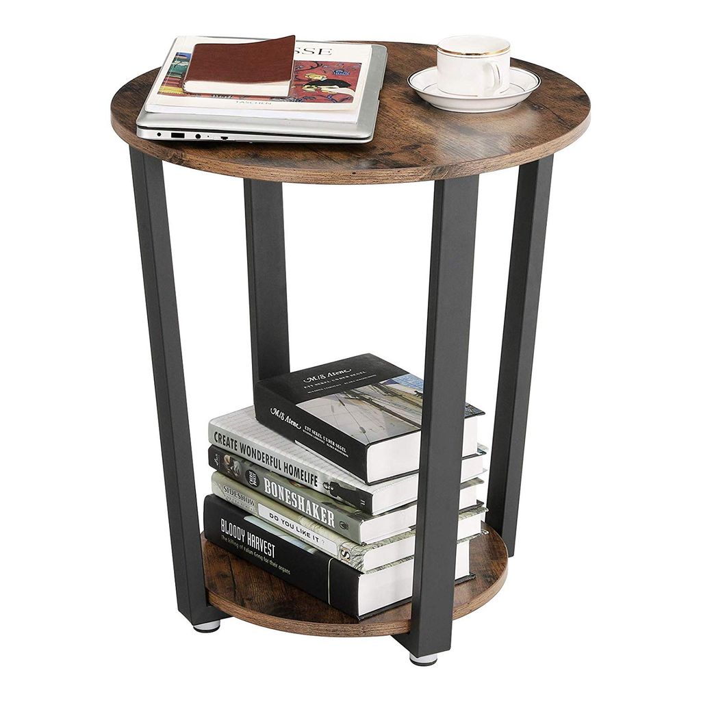 Stylish Iron and Wood End Table with Open Bottom Storage Shelf, Brown and Black - View 3