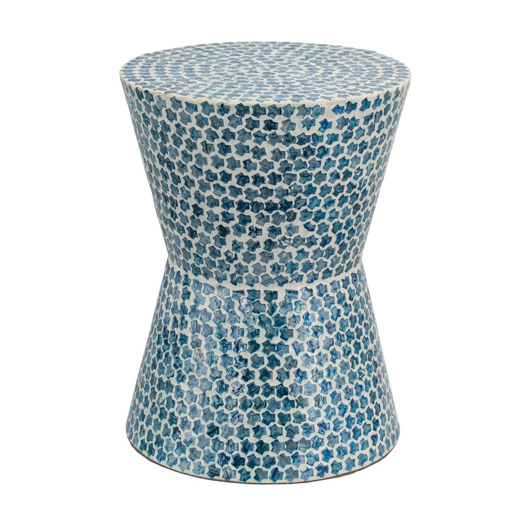 Ivy 20 Inch Luxury Accent Table Stool, Mosaic Tile Pattern, White, Blue