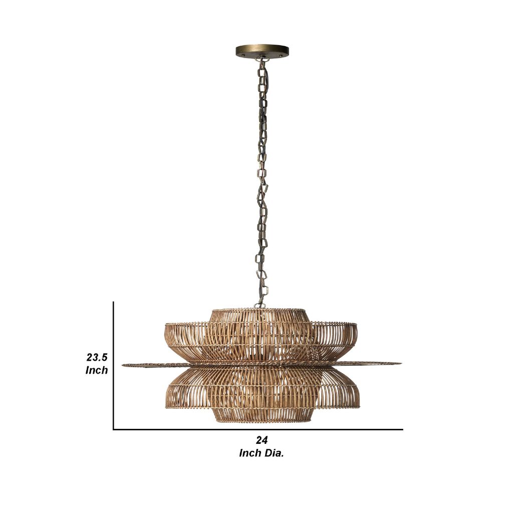 24 Inch Rattan Pendant Chandelier, Natural Brown, Brass - View 6