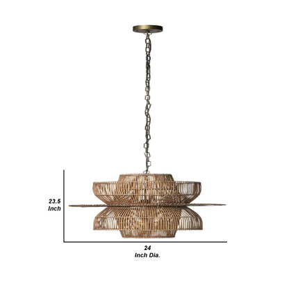 24 Inch Rattan Pendant Chandelier, Natural Brown, Brass - View 6