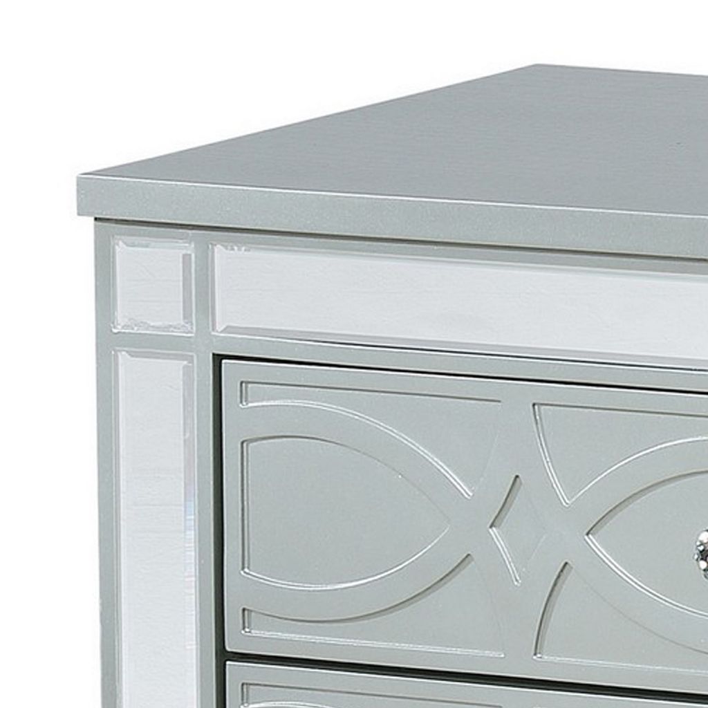Gina 29 Inch Modern Glam Nightstand, Round Crystal Knobs, USB Ports, Silver - View 2