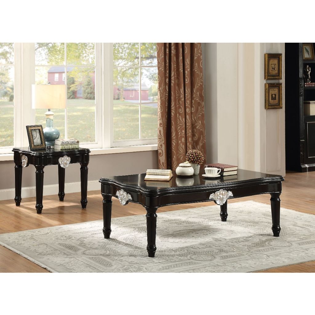 Traditional Rectangular Wooden Coffee Table with Scalloped Top, Black - View 3