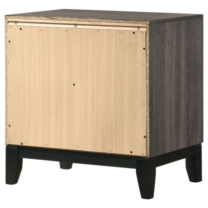 Wooden Nightstand with 2 Drawers and Chamfered legs, Gray and Black - View 7