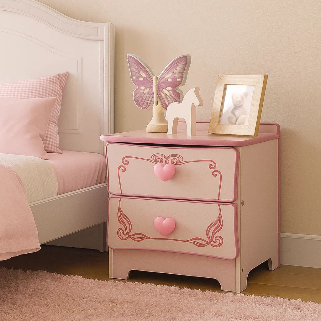 2 Drawer Wooden Nightstand with Heart Knob Pulls, Pink - View 7