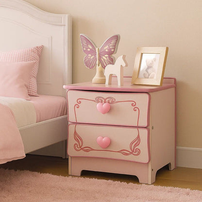 2 Drawer Wooden Nightstand with Heart Knob Pulls, Pink - View 7