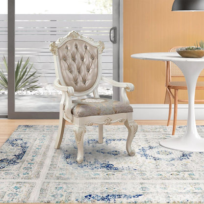 Wooden Arm Chair with Floral Patterned Padded Seat, Set of 2,White and Gold - View 7