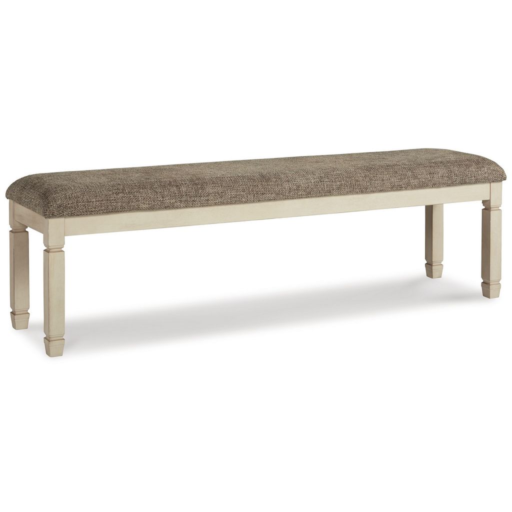 65 Inch Two Tone Dining Bench, Woven Fabric Cushion, Vintage White Wood