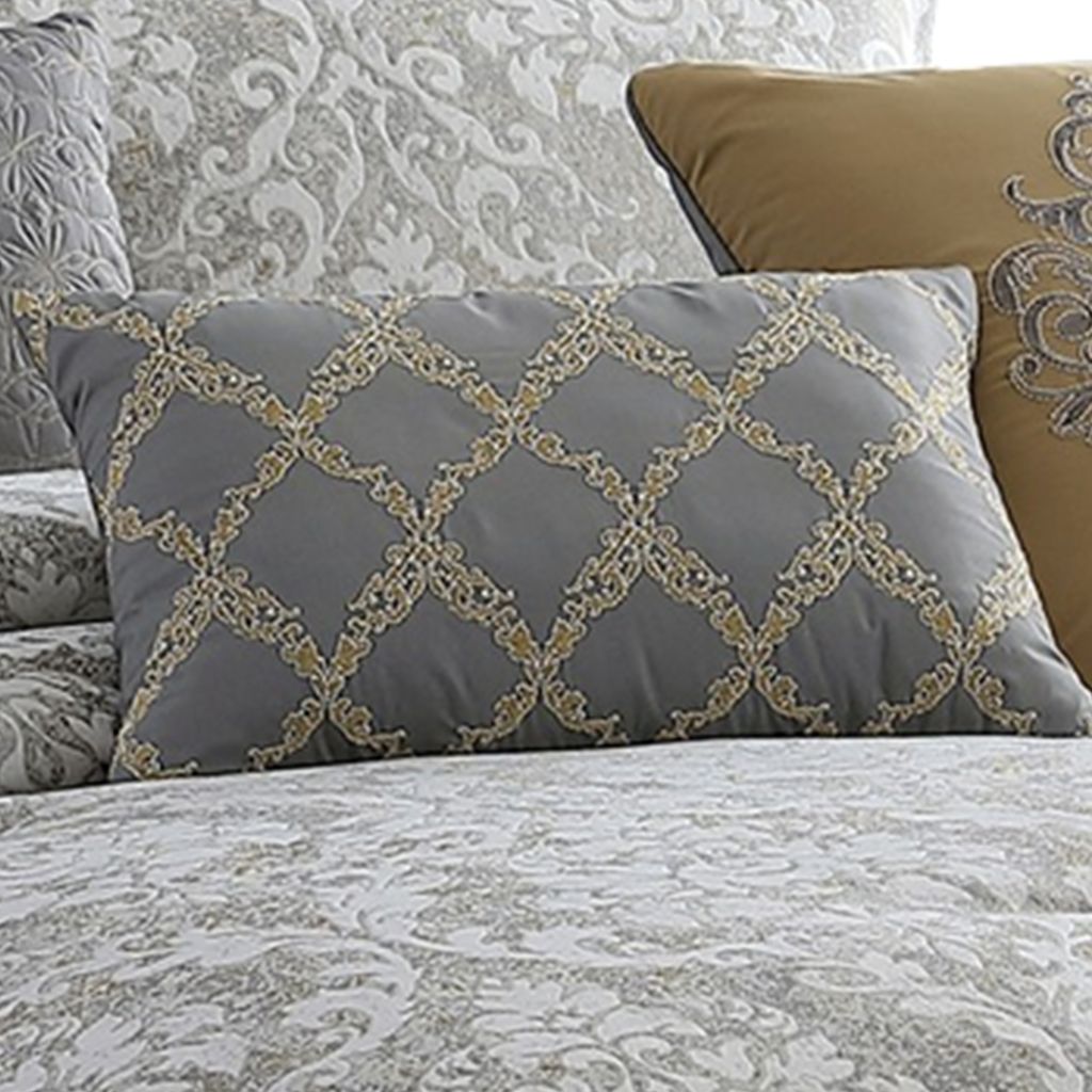 9 Piece King Polyester Comforter Set with Medallion Print, Gray and Gold - View 3