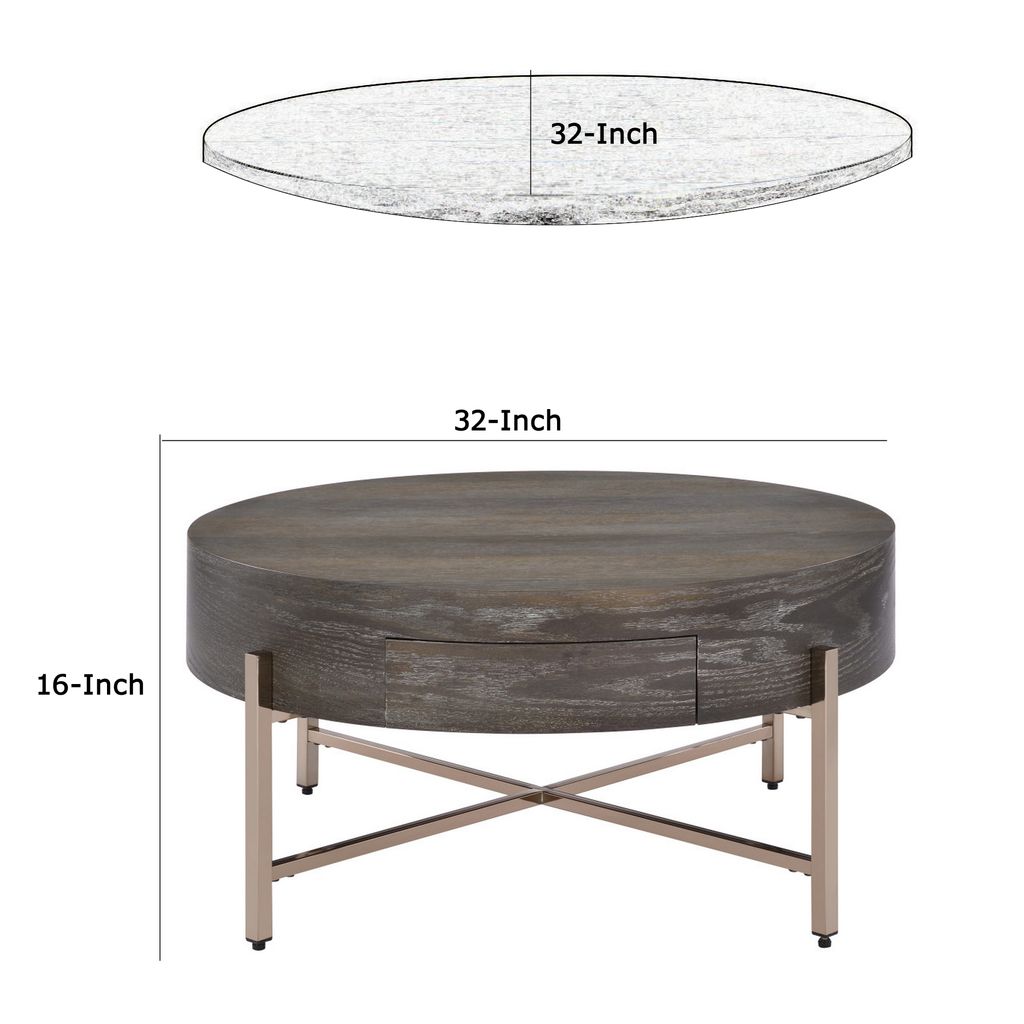 1 Drawer Round Modern Coffee Table with Crossed Metal Legs, Brown and Gold - View 5