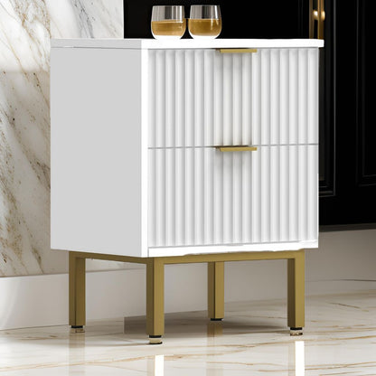 Beth 27 Inch 2 Drawer Nightstand, Corrugated, Mahogany Wood, White, Gold - View 7