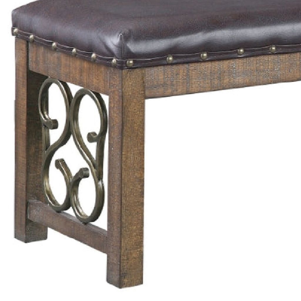 Ral 56 Inch Solid Wood Padded Bench, Metal Scroll Design, Nailhead, Brown - View 5