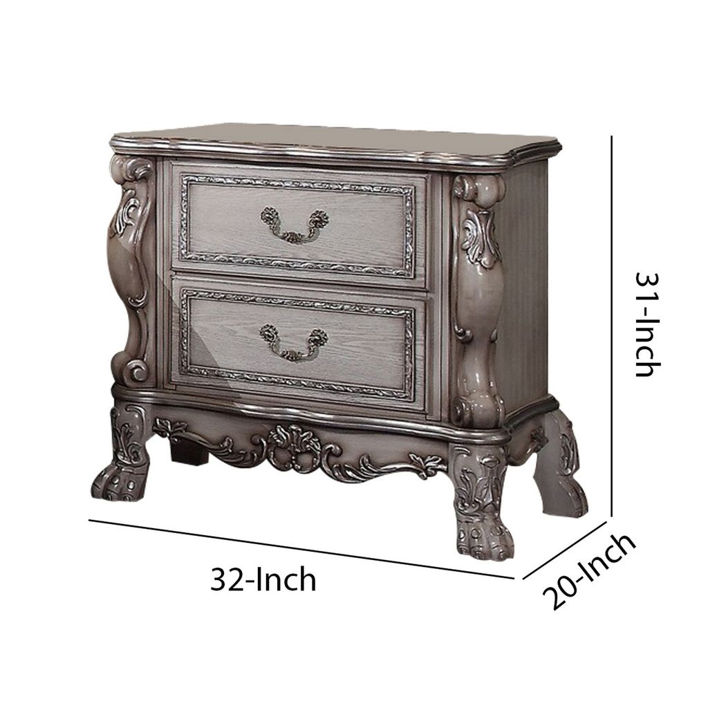 Traditional Wooden Nightstand with 2 Drawers and Carved Details, Silver - View 5