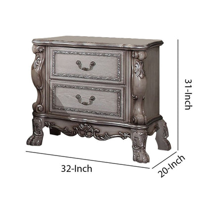 Traditional Wooden Nightstand with 2 Drawers and Carved Details, Silver - View 5
