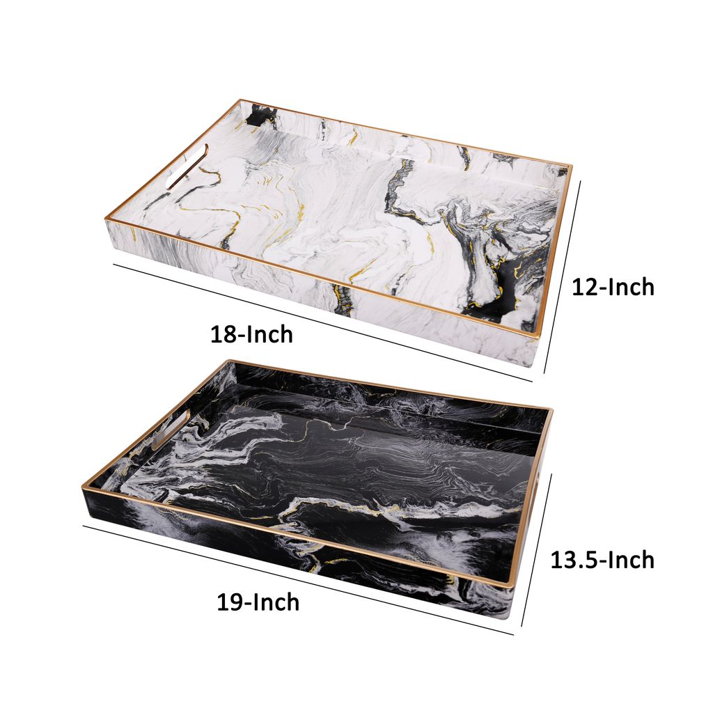 19, 18 Inch Set of 2 Modern Decorative Trays with Rims, Black and White - View 5