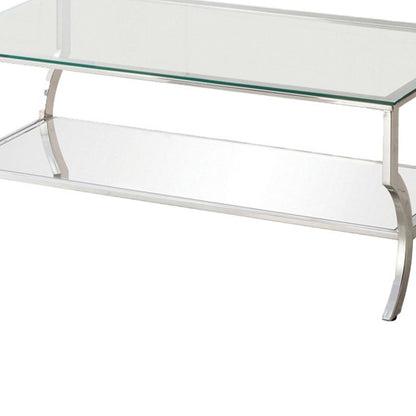 Glass Top Coffee Table with Metal Frame and Mirror Shelf, Chrome - View 3