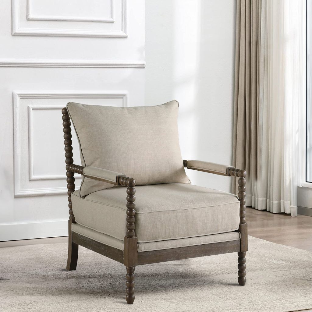 Cushioned Back Fabric Upholstered Spindle Accent Chair, Beige and Brown - View 6