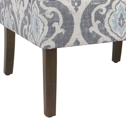 Fabric Upholstered Wooden Accent Chair with Swooping Armrests and Damask Pattern Design, Multicolor - View 5