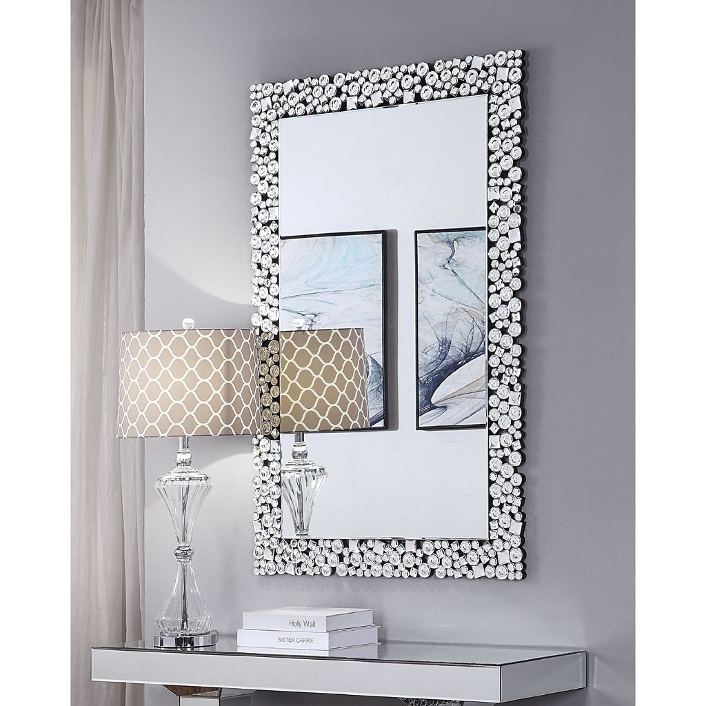 Wooden Backing Wall Decor with Faux Crystals Inlaid Border, Black and Clear - View 7