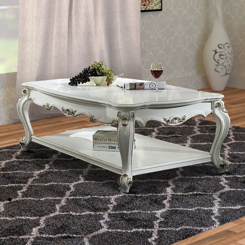 Traditional Style Wooden Coffee Table with Polyresin Carvings and Bottom Shelf, White - View 7
