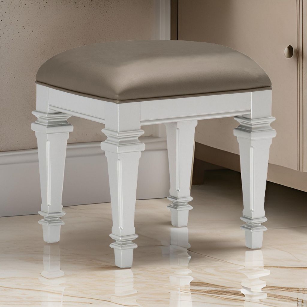 Leatherette Padded Vanity Stool with Tapered Legs and Molded Detail, Silver - View 7