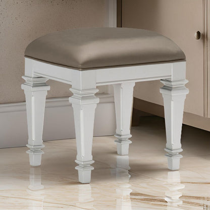 Leatherette Padded Vanity Stool with Tapered Legs and Molded Detail, Silver - View 7
