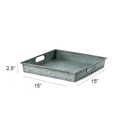 Benzara Square Galvanized Metal Tray With Handle, Gray - View 4