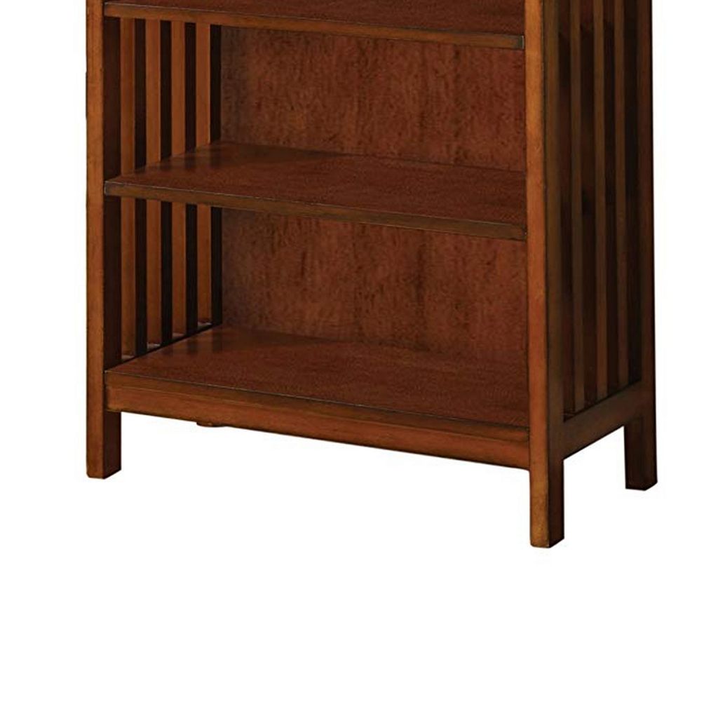 5 Tier Wooden Media Shelf with Slatted Side Panels, Oak Brown - View 4