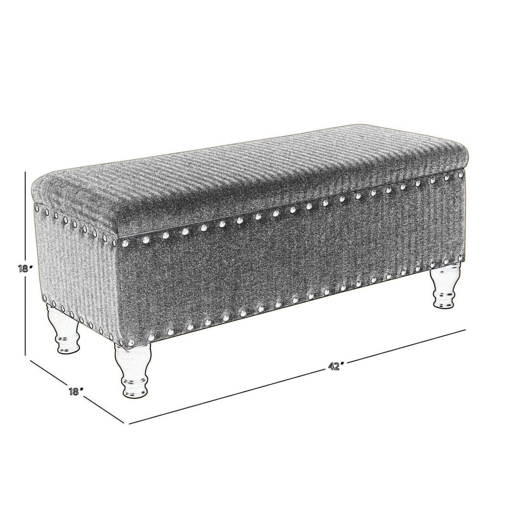 Textured Fabric Upholstered Wooden Storage Bench With Nail head Trim, Large, Beige and Brown - View 6