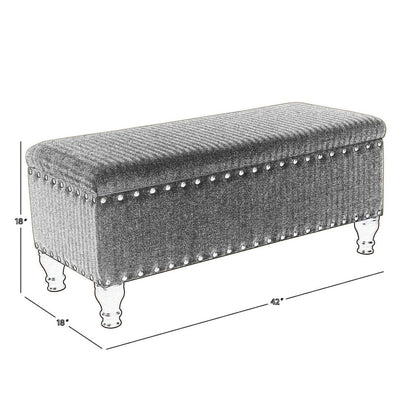 Textured Fabric Upholstered Wooden Storage Bench With Nail head Trim, Large, Beige and Brown - View 6