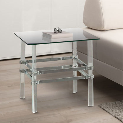 Square Glass and Metal End Table with Tubular Legs, Silver and Clear - View 6