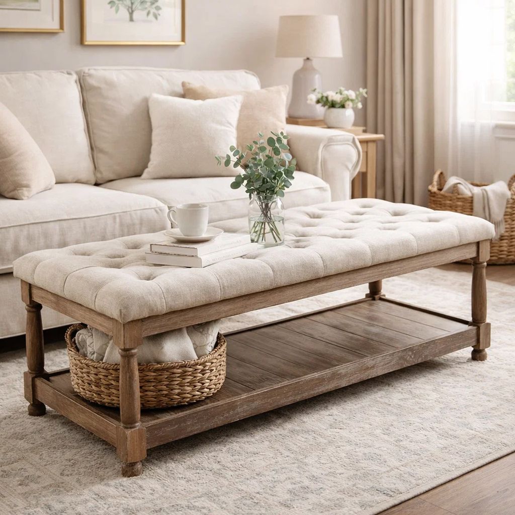 Button Tufted Fabric Upholstered Bench with Bottom Shelf, Beige and Brown - View 7