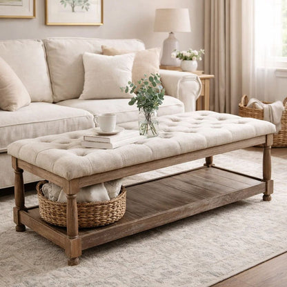 Button Tufted Fabric Upholstered Bench with Bottom Shelf, Beige and Brown - View 7