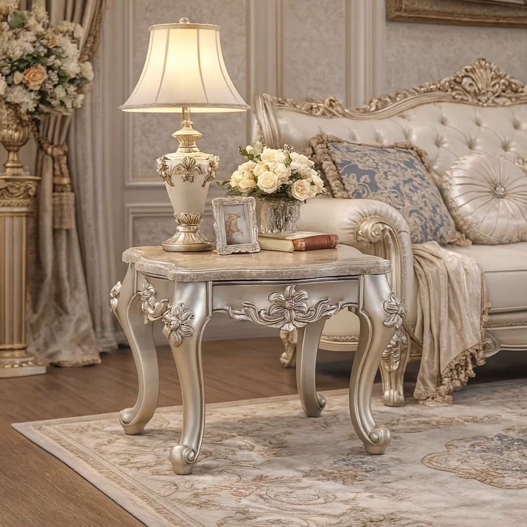 Marble Top End Table With Flower Motif Engraved Angular Wood Feet, Silver - View 7