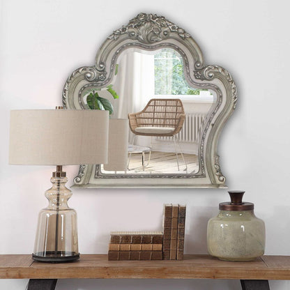 Arch Shape Wooden Frame Wall Mirror with Carved Details, Antique Silver - View 7