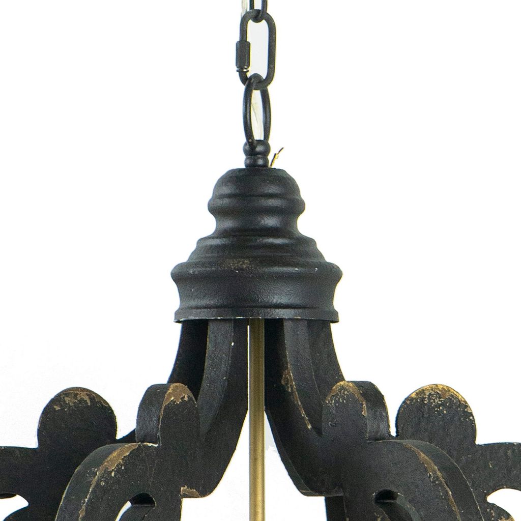 Aki 21 Inch Carved Wood Chandelier, 6 Lights, Vintage Classic, Black, Gold - View 2