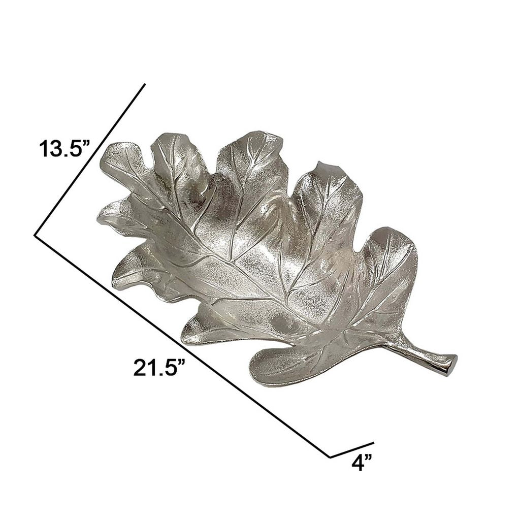 22 Inch Modern Decorative Tray, Oak Leaf Design Striking Silver Metal Frame - View 5