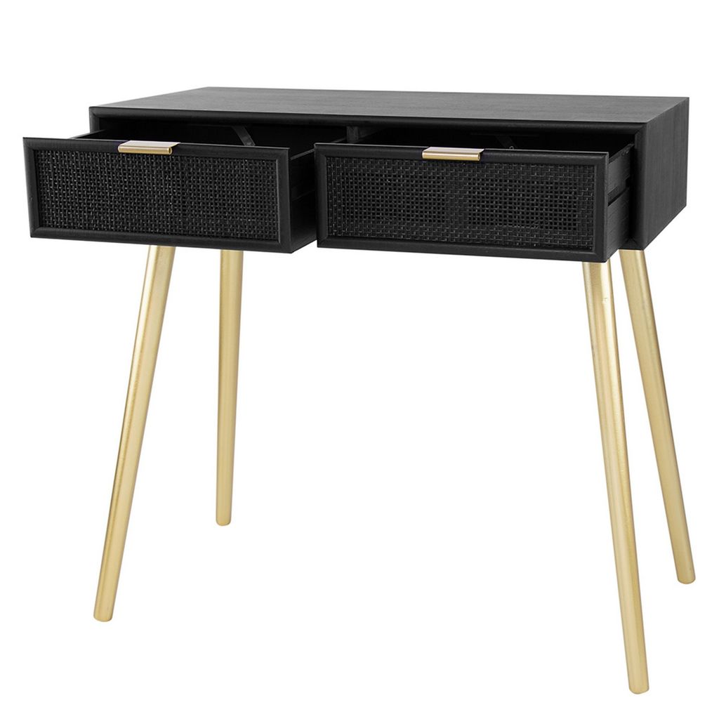Pia 32 Inch Wood Console Table, 2 Drawers, Woven Rattan Design, Black, Gold - View 3