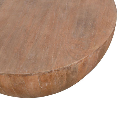 Arthur Drum Shape Wooden 35.5 Inch Coffee Table with Plank Design Base, Distressed Brown - View 2