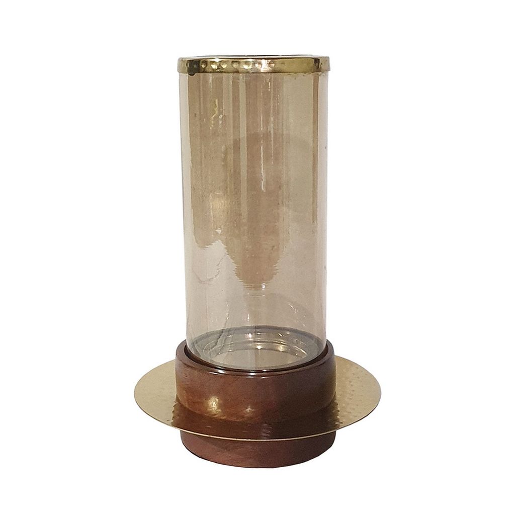 11 Inch Glass Hurricane Candle Holder, Acacia Wood, Small, Gold FInish - View 2