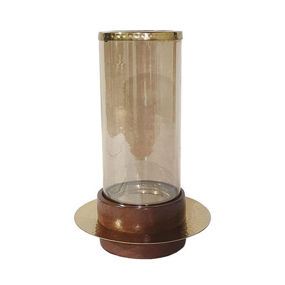 11 Inch Glass Hurricane Candle Holder, Acacia Wood, Small, Gold FInish - View 2