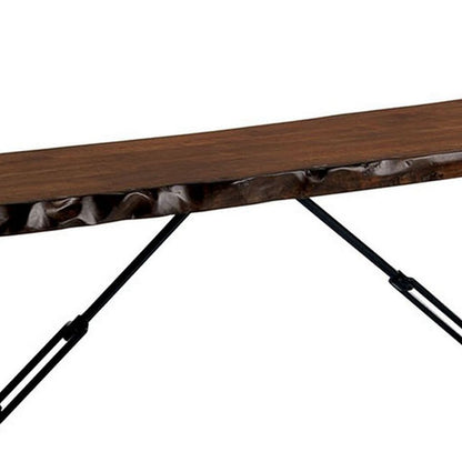 Rectangular Metal Frame Bench with Wooden Seat, Black and Brown - View 5
