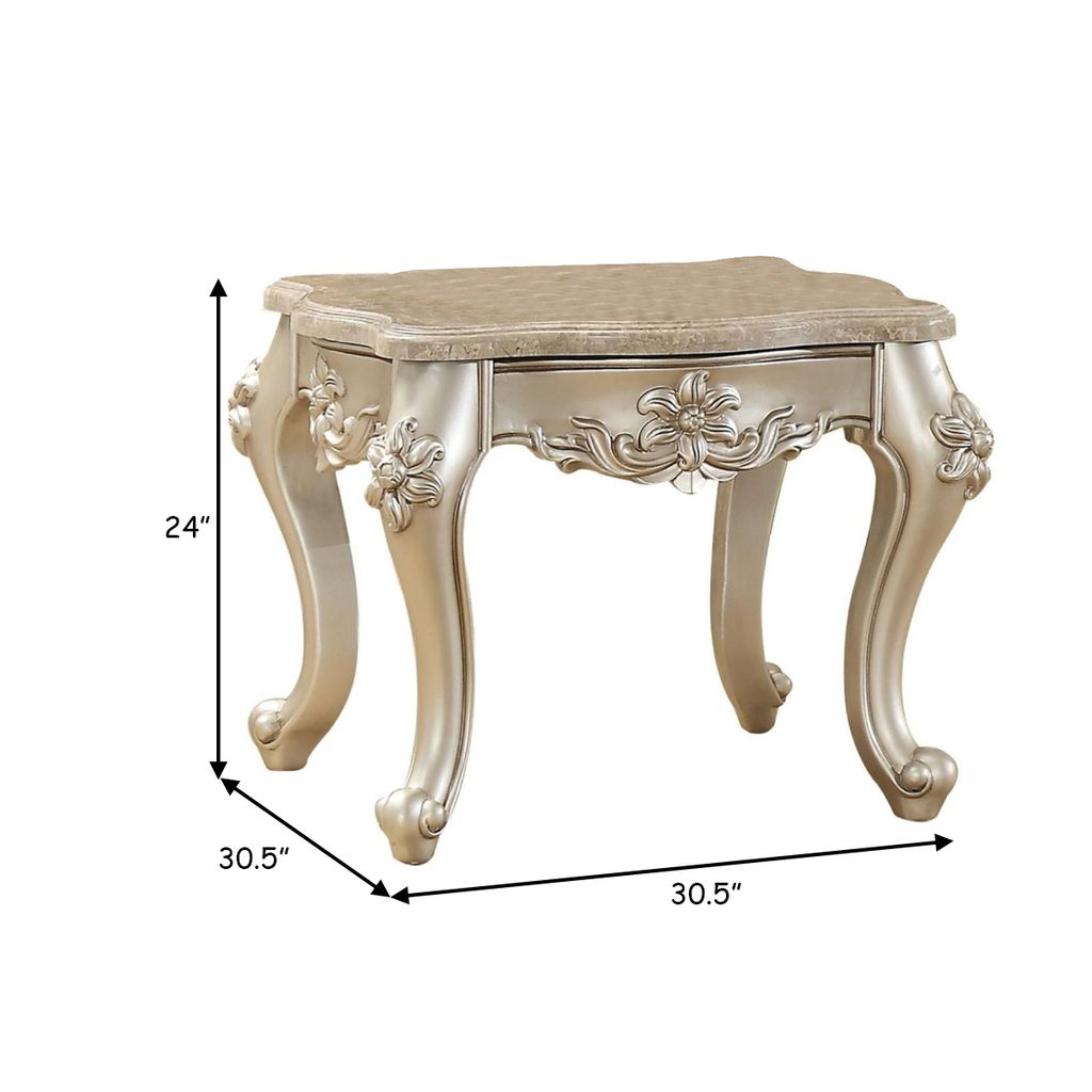 Marble Top End Table With Flower Motif Engraved Angular Wood Feet, Silver - View 6