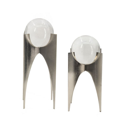13, 10 Inch Crystal Orb Accent Decor Set of 2, Metal Stand, Art Deco