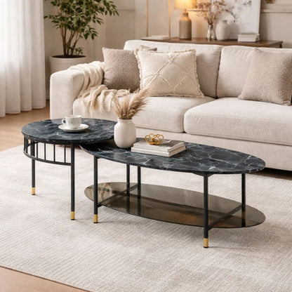 40 Inch 2 Piece Nesting Coffee Table, Faux Marble Top, Glass Shelf, Black - View 7
