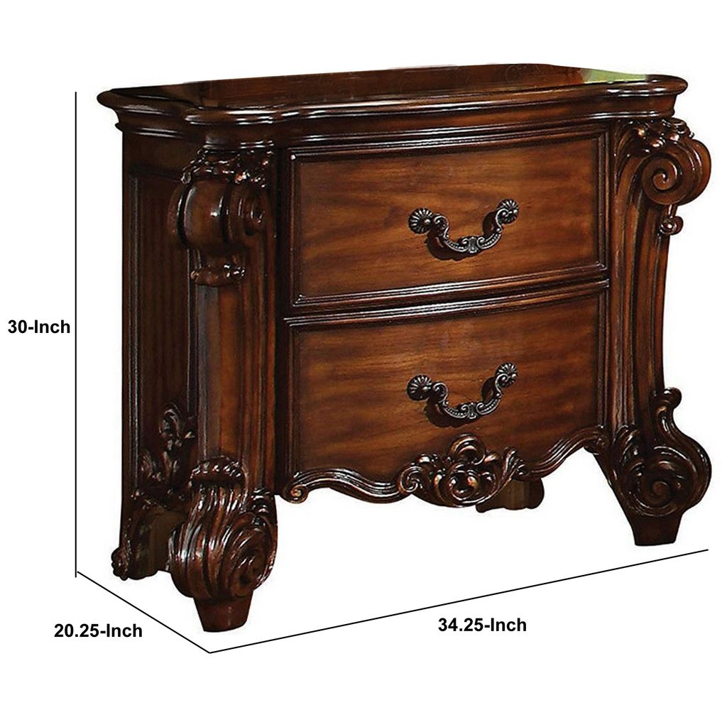Traditional Style Wooden Nightstand with Two Drawers, Cherry Brown - View 5