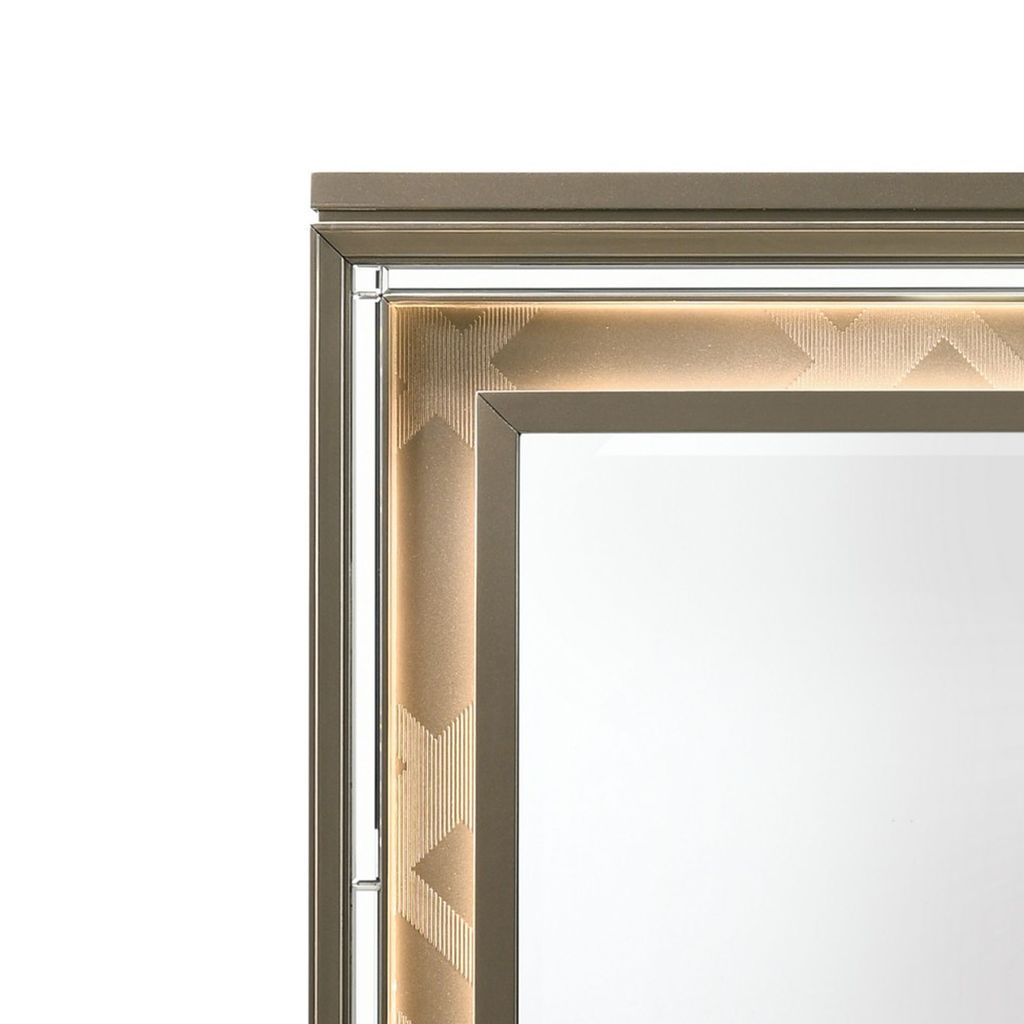 Contemporary Wall Mirror with LED and Accent Details, Gold and Brown - View 3