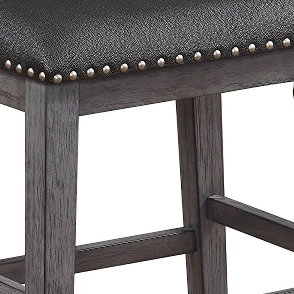 Wood & Leather CoUnter Height Stool with Nail head Trim, Set of 2, Black & Gray - View 4
