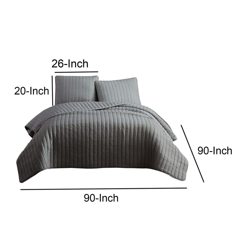 3 Piece Crinkles Queen Size Coverlet Set with Vertical Stitching, Gray - View 5
